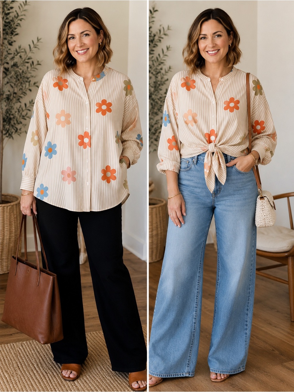 Beige Floral Stripe Button-Down Shirt with Long Sleeves